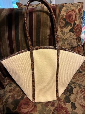 Neutral Straw Tote with snake skin trim